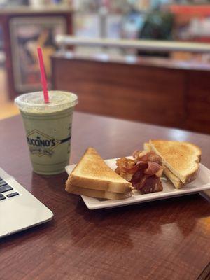 Matcha Frappe, Toast, Bacon