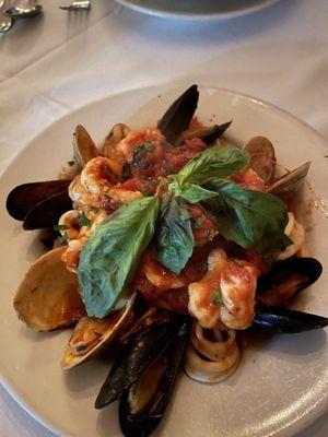 Calamari, Clams, Mussels, Shrimp linguine with hot marinara