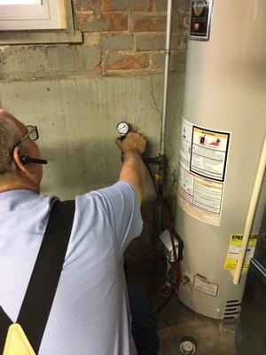 Pressure testing my gas pipes. With his repairs - the pressure held and we were good to go!