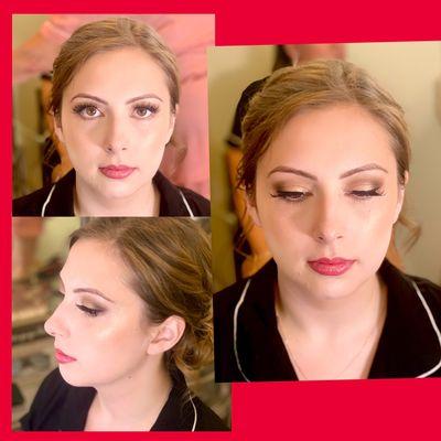 Bronzy bridesmaid look with a pop of color on the lips