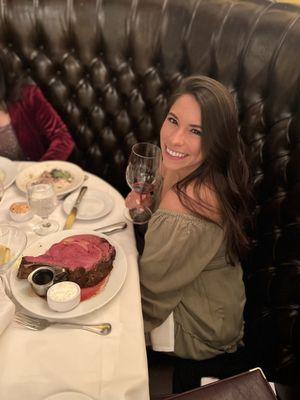 Dr Nikki and her giant steak at our Christmas party