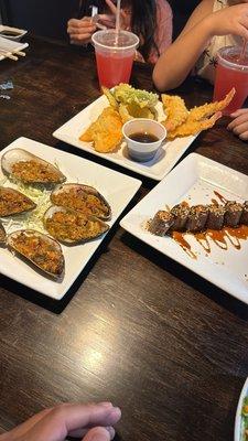 Shrimp Tempura, Baked Mussels, and Beef Negamaki