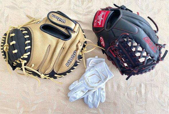 New fielding glove, catcher's glove and batting gloves.  Thanks, Coach Mus!