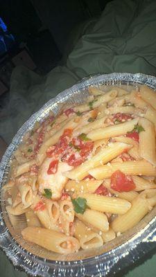 This is there pasta pamodoro-penne chicken I didn't get the artichoke or olives