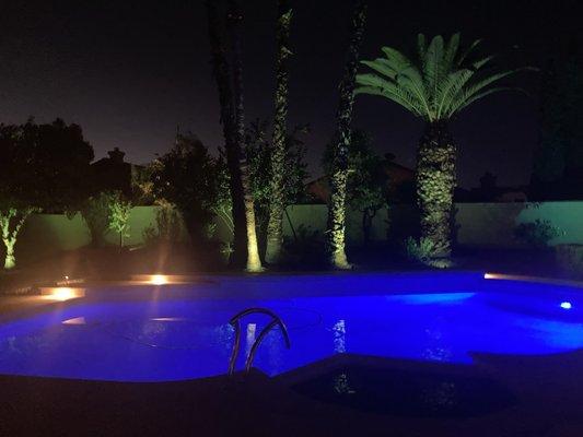 Our pool looks so pretty at night now!