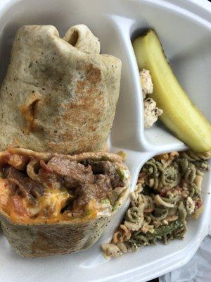 Beef Tiger Wrap. Chose pasta salad as side. Loaded with beef. Hot and fresh!