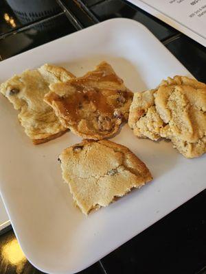 Chocolate chip cookie, heath bar cookie, and peanut butter cookie