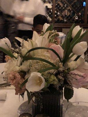 Special occasion dinner table centerpiece. The pale pale lavender roses were exquisite!