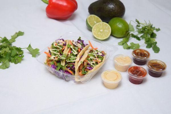 Tacos: choice of chicken teriyaki or beef teriyaki, salad and our very own K-sauce for extra flavor.