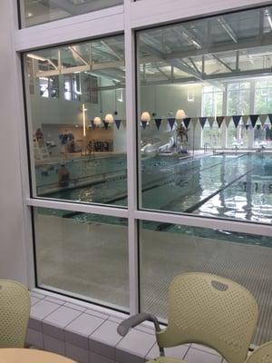 Pool area has recreational swim area and lap area. Plenty of lanes for classes and laps.