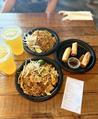 2 Kids Chicken Pad Thai, 3 Crispy Spring Rolls, 2 Iced Mango Black Teas