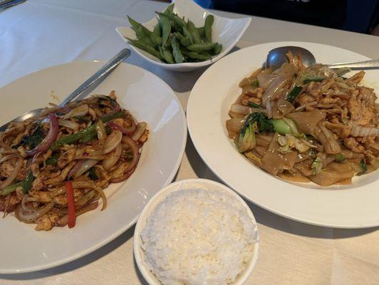 Thai basil chicken with rice and pad se ew chicken