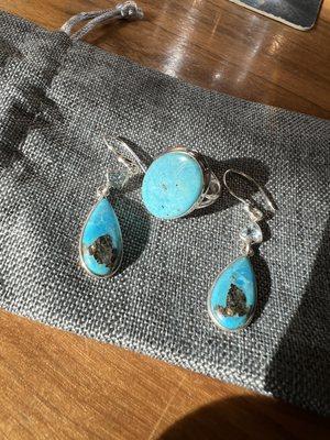 Turquoise ring and ear rings set in sterling silver