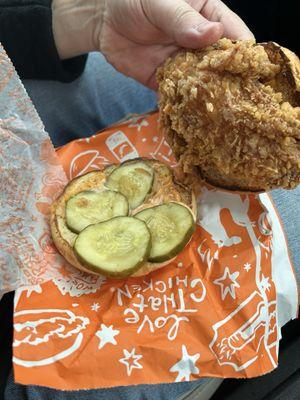 Cold chicken sandwich. This is what extra $1.75 pickles looks like.