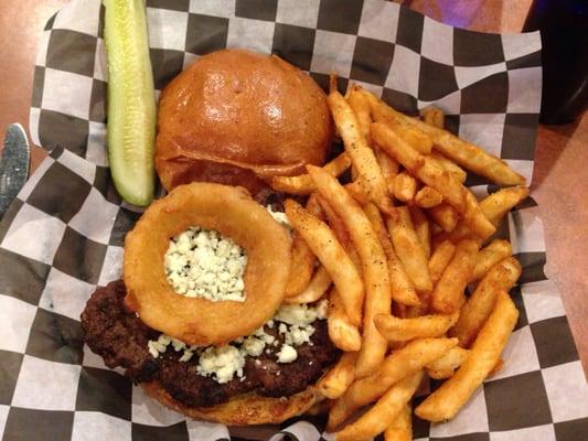 Blue cheese burger with fries