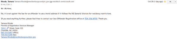 Here is the letter I got from the Mecklenburg County NC Sheriff telling me it was legal for sex offenders to live and register at a motel.