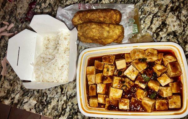 Szechuan Tofu (Mapo Tofu) white rice and vegetable egg roll