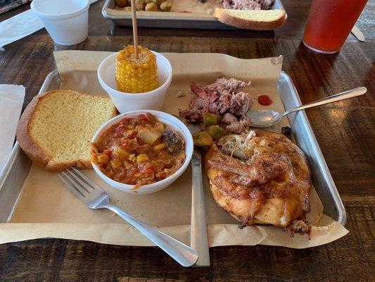 1/12 Smoked Chicken (with a little of my wife's pulled pork) Brunswick Stew and Fried Corn). Very Good