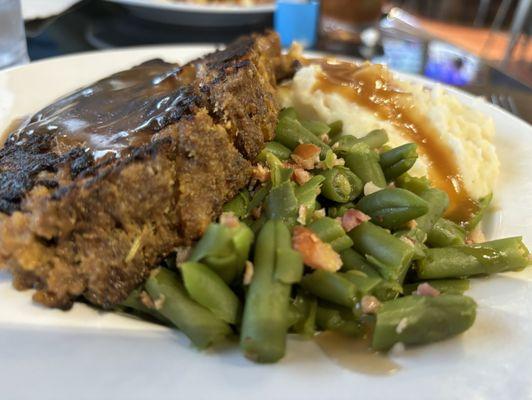 Meatloaf dinner lots of green beans and excellent meatloaf potatoes good too