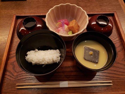 White rice, miso soup w/ black sesame tofu, mukouzuke