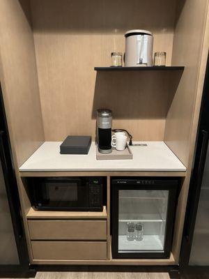 In room coffee maker, microwave, and mini fridge