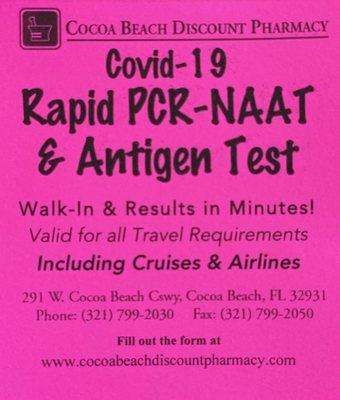 COVID-19 rapid RT-PCR/NAAT or Antigen test.
No appointment needed. 
Results in minutes!!! Valid for all travelers including Cruise & Air