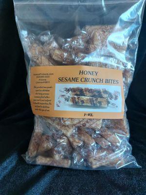 Honey, Sesame Crunch Bites Individually wrapped, sold by 1/2Lb and 1Lb bags. Call (928)565-0333 for current pricing.