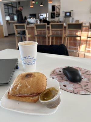 Ham & cheese torta and honey cinnamon latte