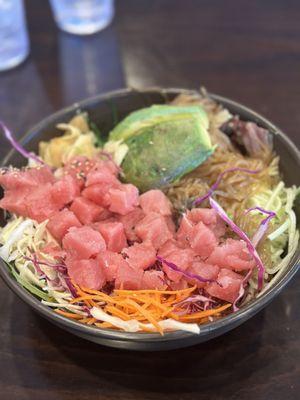 Tuna poke bowl with sweet potatoes noodles instead of rice