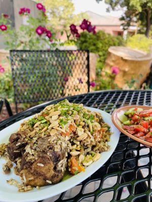 Saturday-Maklouba - sat special, grilled veggies, Mediterranean rice with lamb shank, topped with roasted nuts. YUM (07/2024)