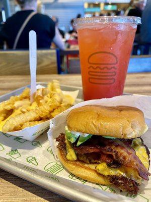 Avocado Bacon Burger, Spicy Cheese Fries, and Strawberry Lemonade