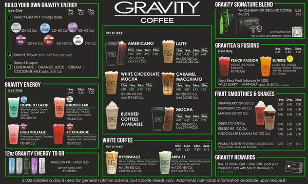 The main Gravity Coffee menu of 2023