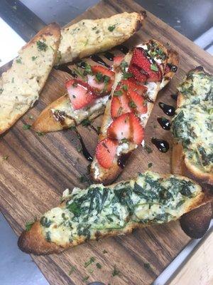 Roasted Garlic and Fennel, Goat Cheese with Strawberries and Balsamic Glaze, Spinach Artichoke Crostini