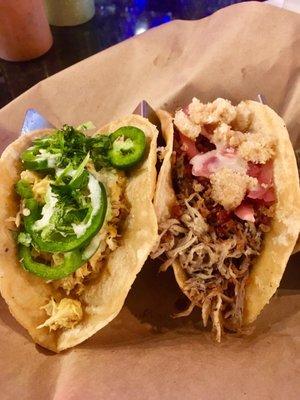 Tika taco w chicken & jalapeños and 3-legged pig taco