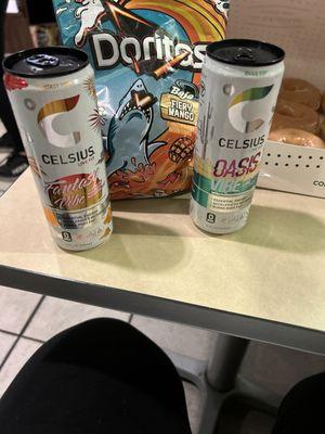 Celsius Arctic Vibe 12oz Celsius Sparkling Fantasy Vibes 12oz Can Celsius Oasis Vibe 12oz Doritos fiery mango.