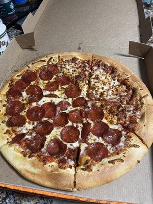 "half" pepperoni and "half" cheese. Not cool