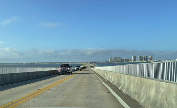 Driving toward Navarre Beach on the 2-lane causeway