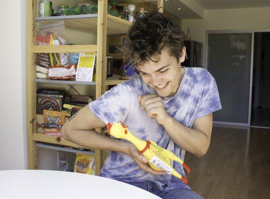 A delighted recipient of a Carrier Chicken