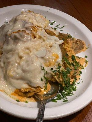 Angel hair with Pink Sauce and meatballs and melted mozzarella