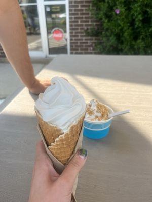 Maple creamee in a waffle cone and in a cup with maple sprinkles!