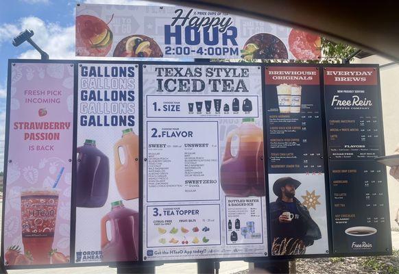 Drive thru menu. Happy hour every day 2-4pm