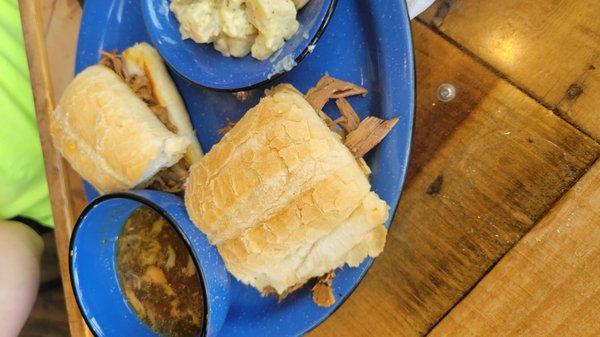 Italian beef sandwich with potato salad