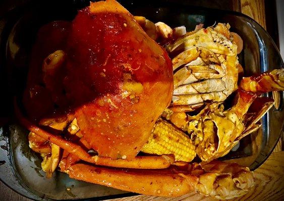 Dungeness crab seafood boil dumped out of the bag