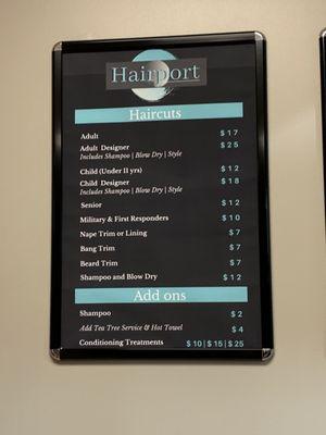 Services and price menu