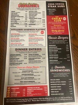 Chelby's menu