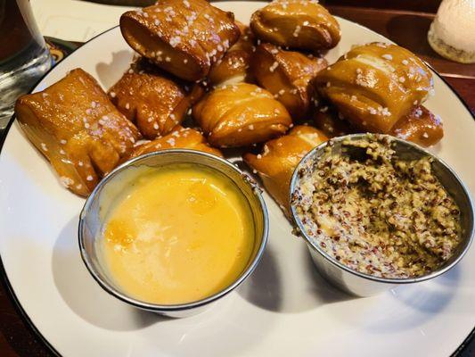 Amazing Pretzel Bites with cheese dip and grained mustard! As it should be!