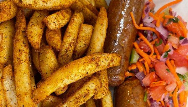 Chef Jojo's seasoned fries, Kenyan beef sausages