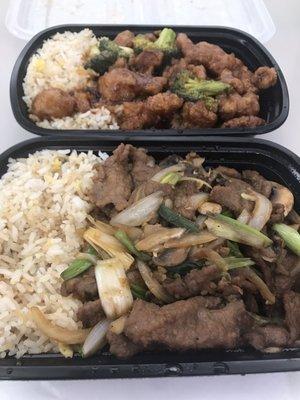 Mongolian Beef with Fried Rice and Orange Chicken with Fried Rice.