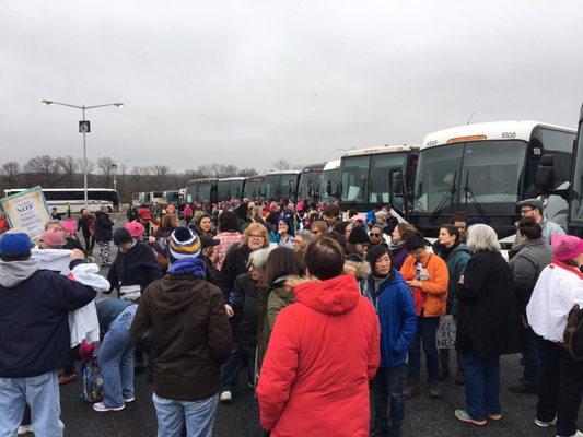 Groups of Rally riders getting off the buses , rested on the ride and ready to march!