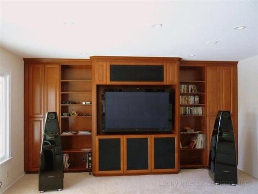 Custom built entertainment center.  The center cabinets can be removed in the future to reveal a hidden, unused fireplace.